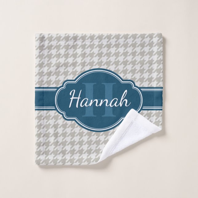 Grey Houndstooth Pattern Navy Monogram Wash Cloth (Wash Cloth)