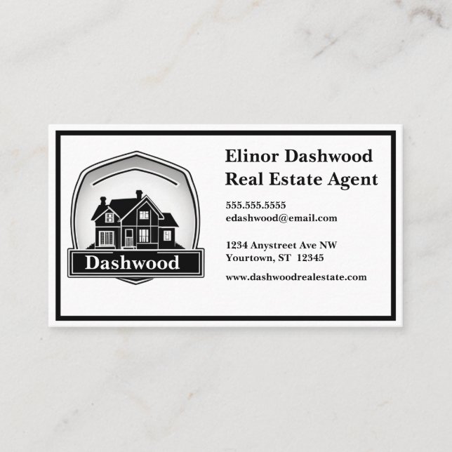Grey House and Shield Logo Real Estate Agent Business Card (Front)