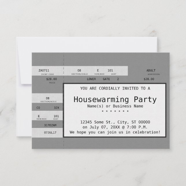 grey housewarming concert ticket invitation (Front)
