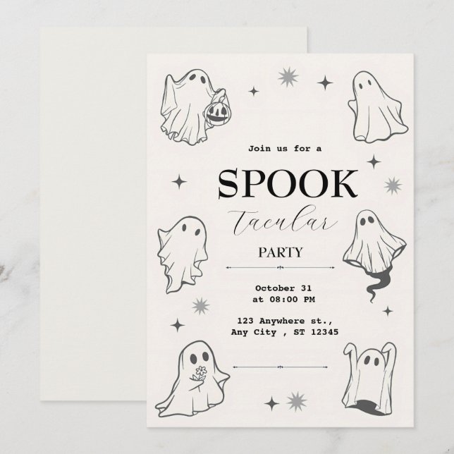 Grey Illustrative Ghost Halloween Party  Invitation (Front/Back)