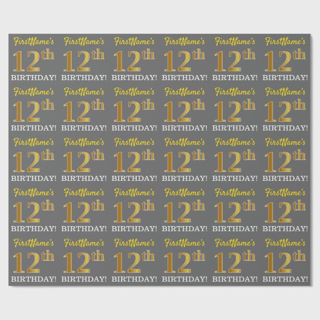 Grey, Imitation Gold Look "12th BIRTHDAY" Wrapping Paper (Flat)