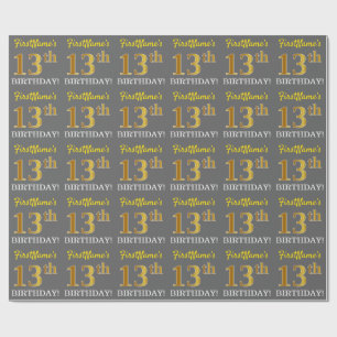 Grey, Imitation Gold Look "13th BIRTHDAY" Wrapping Paper