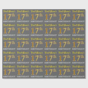 Grey, Imitation Gold Look "17th BIRTHDAY" Wrapping Paper