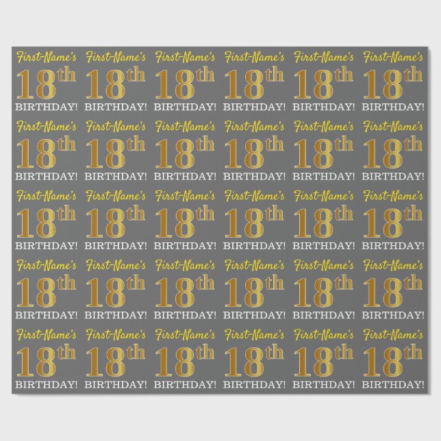 Grey, Imitation Gold Look "18th BIRTHDAY" Wrapping Paper (Flat)