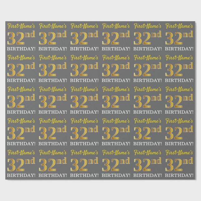Grey, Imitation Gold Look "32nd BIRTHDAY" Wrapping Paper (Flat)
