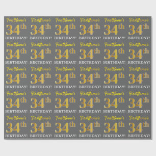 Grey, Imitation Gold Look "34th BIRTHDAY" Wrapping Paper