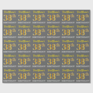 Grey, Imitation Gold Look "38th BIRTHDAY" Wrapping Paper