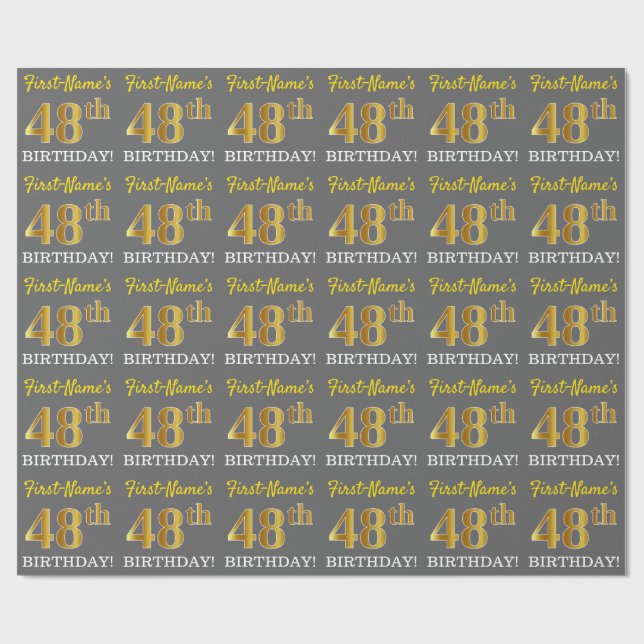 Grey, Imitation Gold Look "48th BIRTHDAY" Wrapping Paper (Flat)
