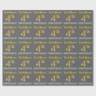 Grey, Imitation Gold Look "4th BIRTHDAY" Wrapping Paper