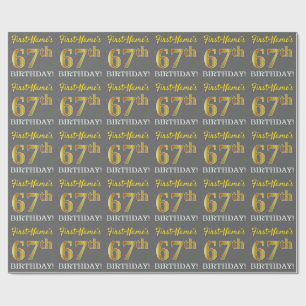 Grey, Imitation Gold Look "67th BIRTHDAY" Wrapping Paper