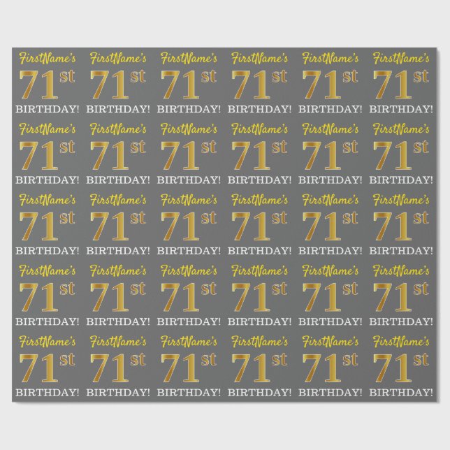 Grey, Imitation Gold Look "71st BIRTHDAY" Wrapping Paper (Flat)