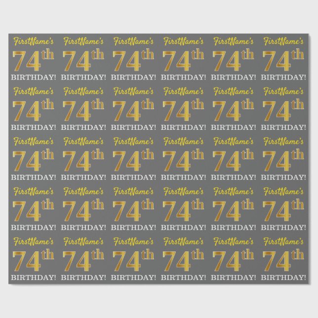 Grey, Imitation Gold Look "74th BIRTHDAY" Wrapping Paper (Flat)
