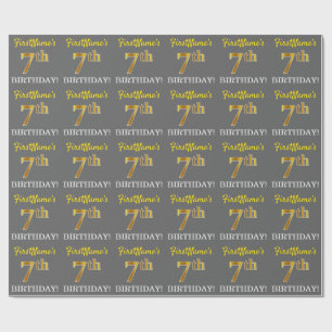 Grey, Imitation Gold Look "7th BIRTHDAY" Wrapping Paper