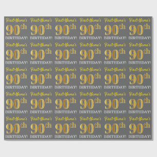 Grey, Imitation Gold Look "90th BIRTHDAY" Wrapping Paper