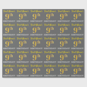 Grey, Imitation Gold Look "9th BIRTHDAY" Wrapping Paper