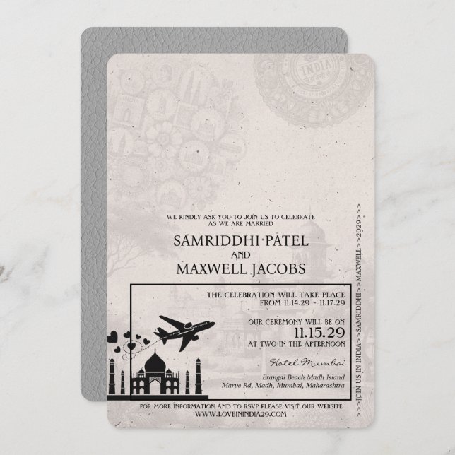Grey India Passport Wedding Invitation (Front/Back)