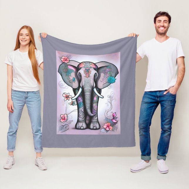 Grey Indian Elephant Embellished with Flowers Fleece Blanket (In Situ)