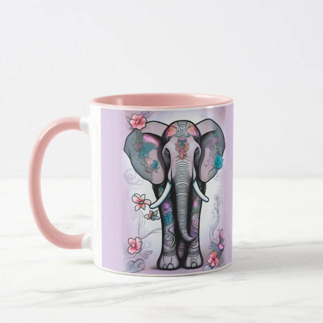 Grey Indian Elephant Embellished with Flowers Mug (Left)