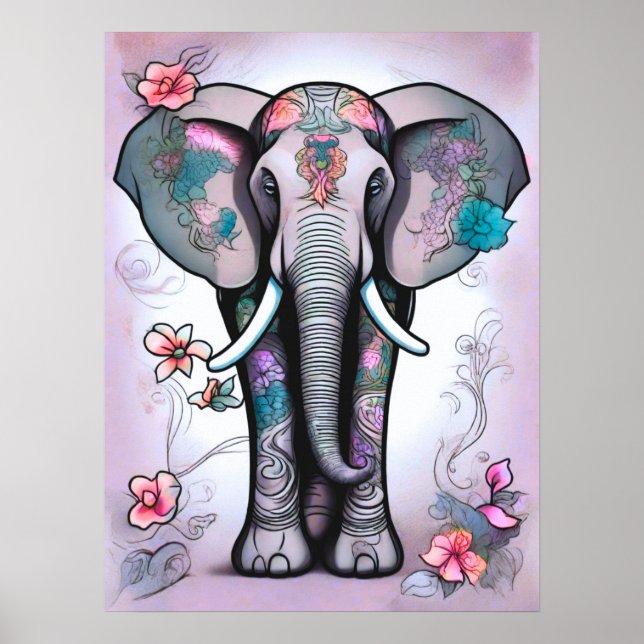 Grey Indian Elephant Embellished with Flowers    Poster (Front)