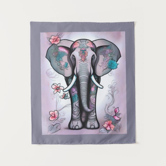 Grey Indian Elephant Embellished with Flowers    Tapestry (Front)