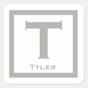 Grey Initial Name Kids Boy Party Back to School Square Sticker