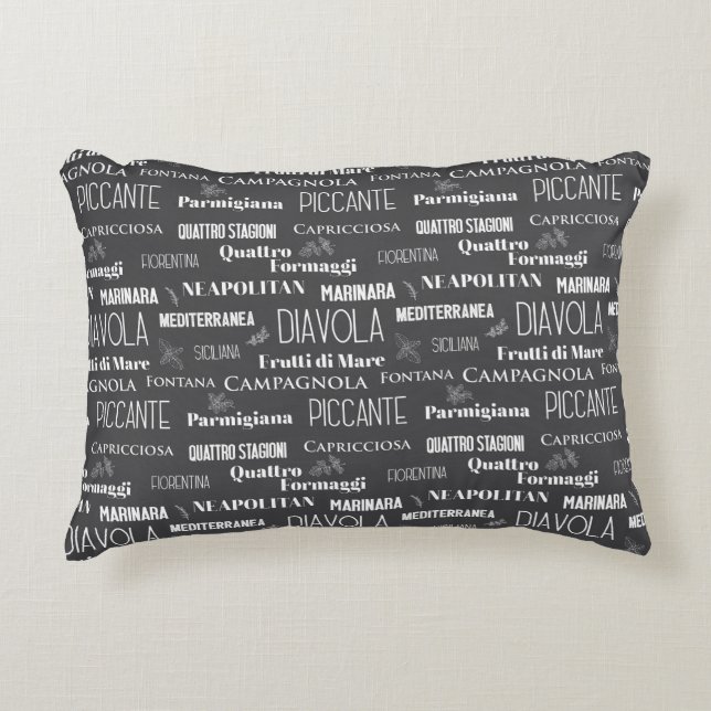 Grey Italian Restaurant Pizza Names Typographic Decorative Cushion (Front)