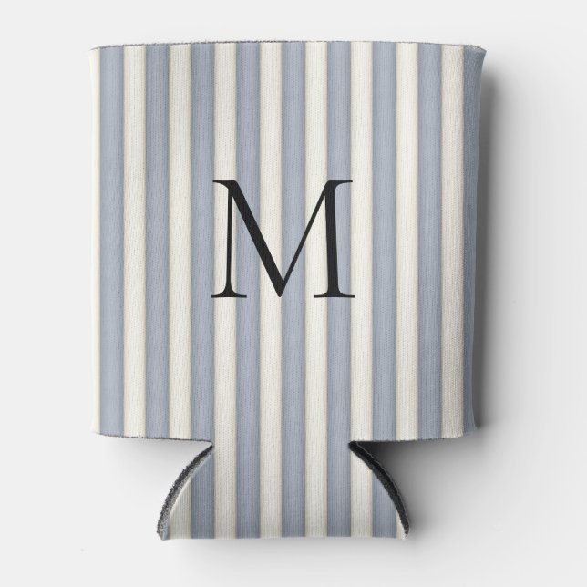 Grey & Ivory Stripes Monogrammed Can Cooler (Front)
