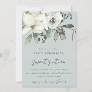 GREY IVORY WHITE FLORAL BUNCH SWEET 16 BIRTHDAY INVITATION