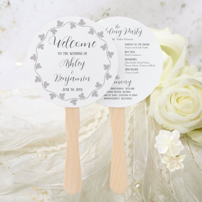 Grey Ivy Wreath Personalised Wedding Program Hand Fan (In Situ Wedding)