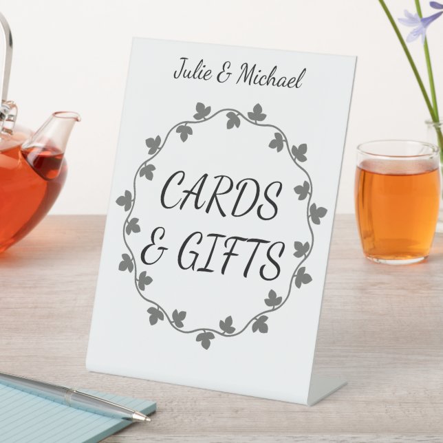 Grey Ivy Wreath Wedding Cards and Gifts White Pedestal Sign (In SItu)