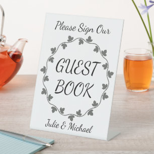 Grey Ivy Wreath Wedding White Guest Book Pedestal Sign