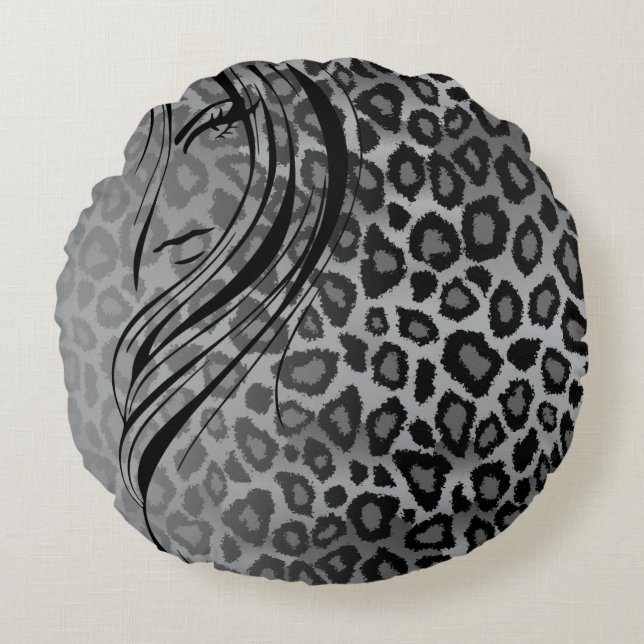 Grey Jaguar Gradient Animal Print with Girl Round Cushion (Front)