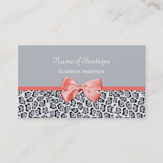 Grey Jaguar Print Boutique With Coral Ribbon Business Card (Front)