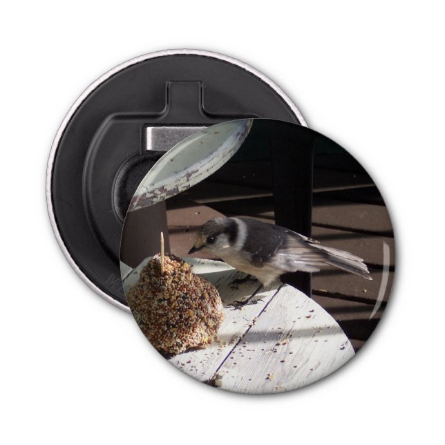 Grey Jay and Bell Button Bottle Opener (Front)