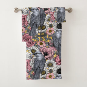 Grey jays and flowers bath towel set