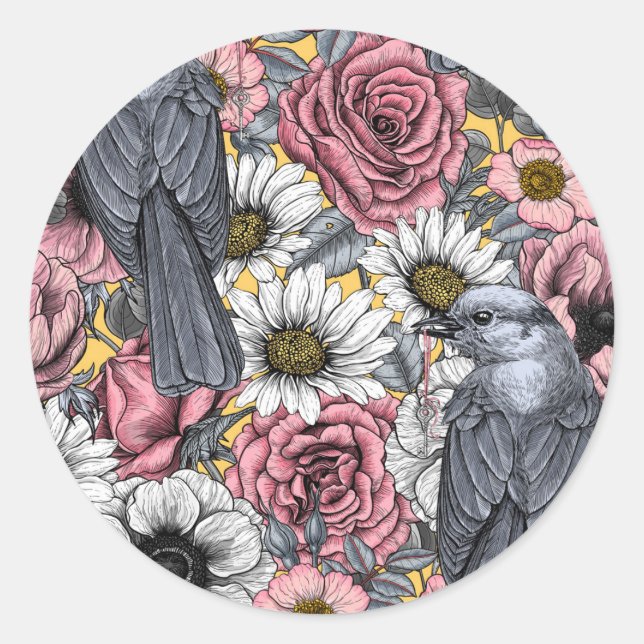 Grey jays and flowers classic round sticker (Front)