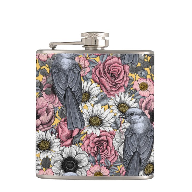 Grey jays and flowers hip flask (Front)