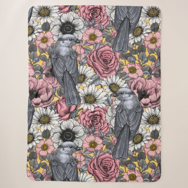 Grey jays and flowers sherpa blanket (Front)