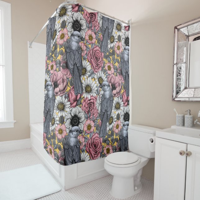 Grey jays and flowers shower curtain (In Situ)