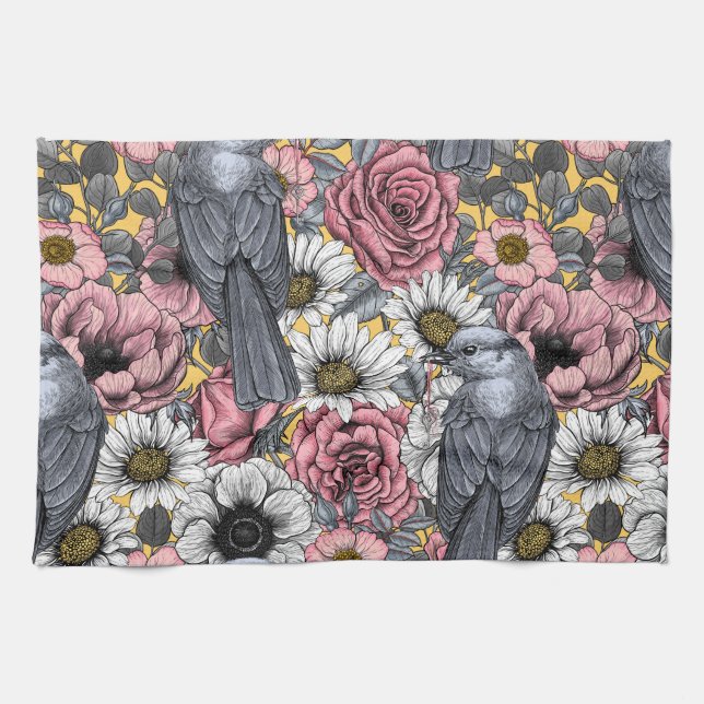 Grey jays and flowers tea towel (Horizontal)