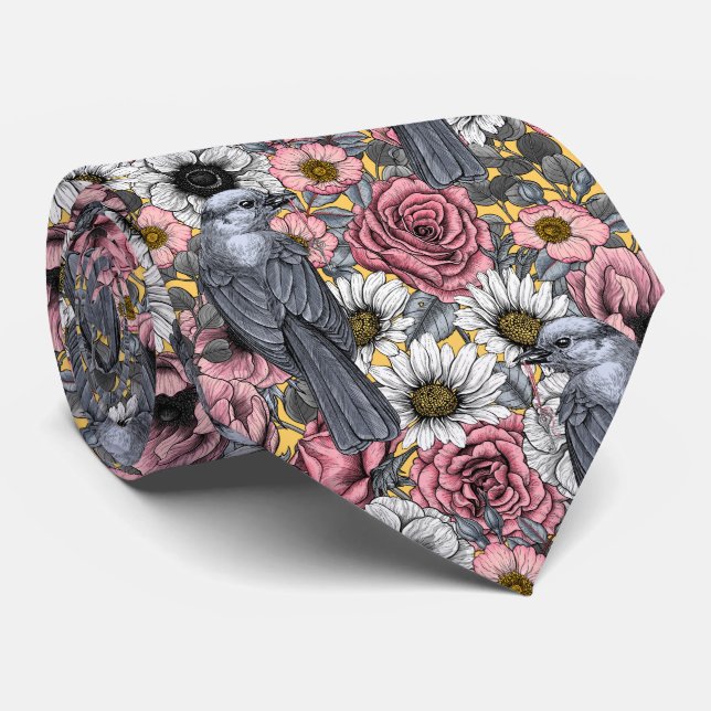Grey jays and flowers tie (Rolled)
