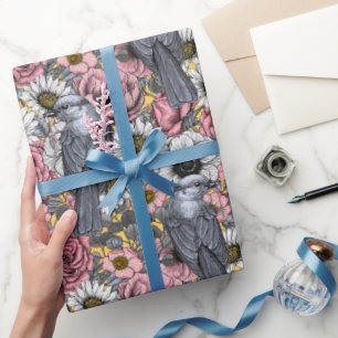 Grey jays and flowers wrapping paper