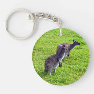 Grey Kangaroos On Green Grass, Key Ring