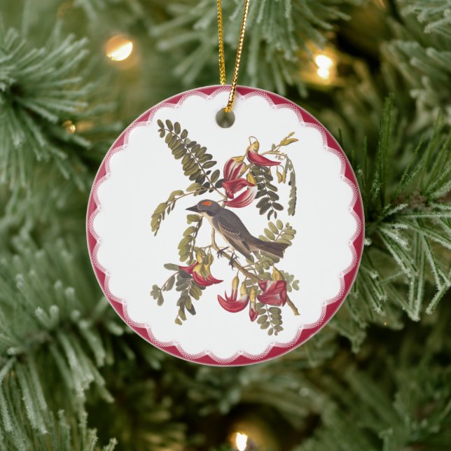 Grey Kingbird In Pink Flowering Hummingbird Tree Ceramic Tree Decoration (Tree)