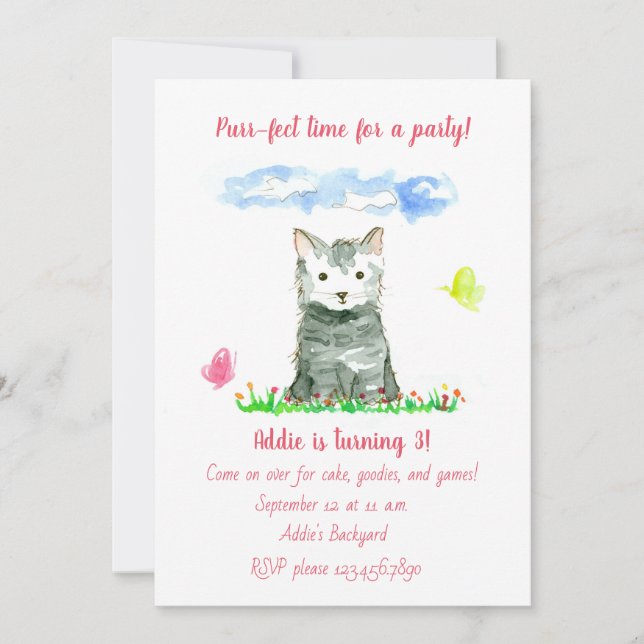 Grey Kitten Girl's Third Birthday Party Invitation (Front)