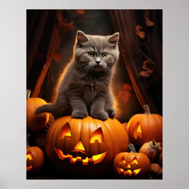 Grey Kitten Halloween Poster (Front)