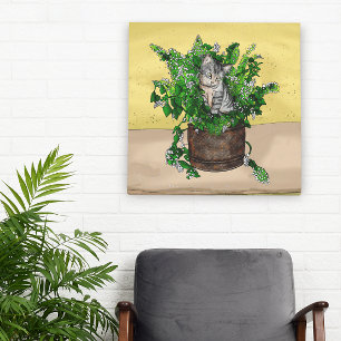 Grey Kitten in Bucket of Catnip Canvas Print
