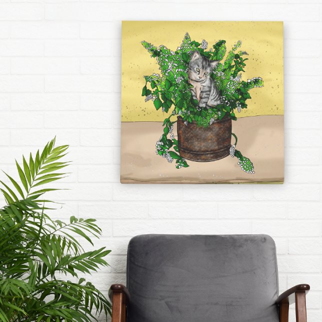 Grey Kitten in Bucket of Catnip   Canvas Print (Creator Uploaded)