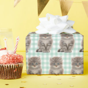Grey Kitten On Green and White Gingham Wrapping Paper