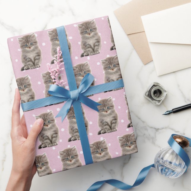 Grey Kitten On Polka Dots Wrapping Paper (Gifting)